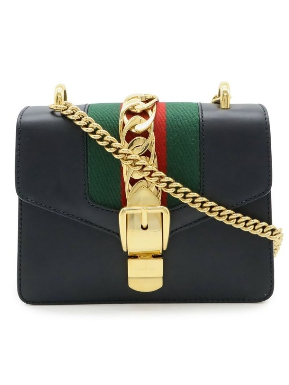 Gucci Sylvie Webline Ribbon Mini Chain Bag Shoulder Pochette Leather Black